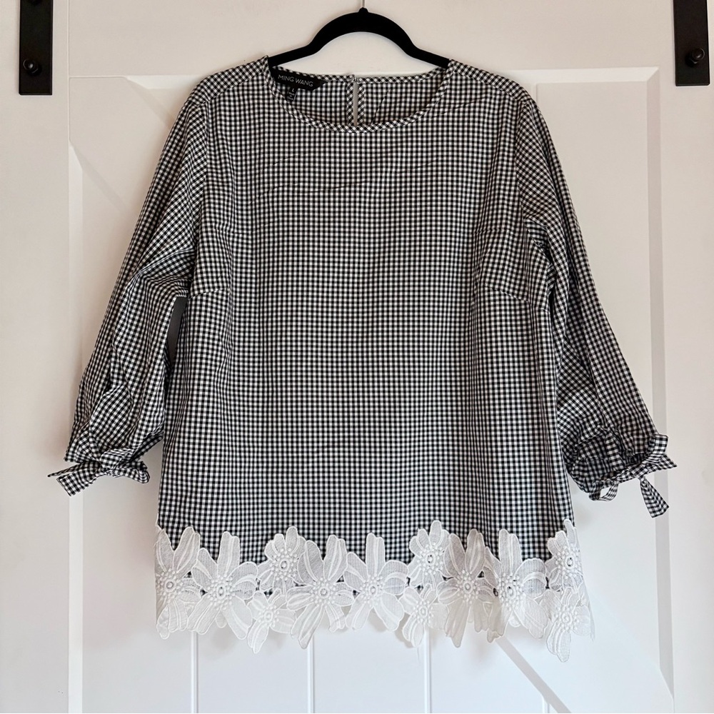 Ming Wang Black White Gingham Top Floral Lace Hem 100% Cotton Size L